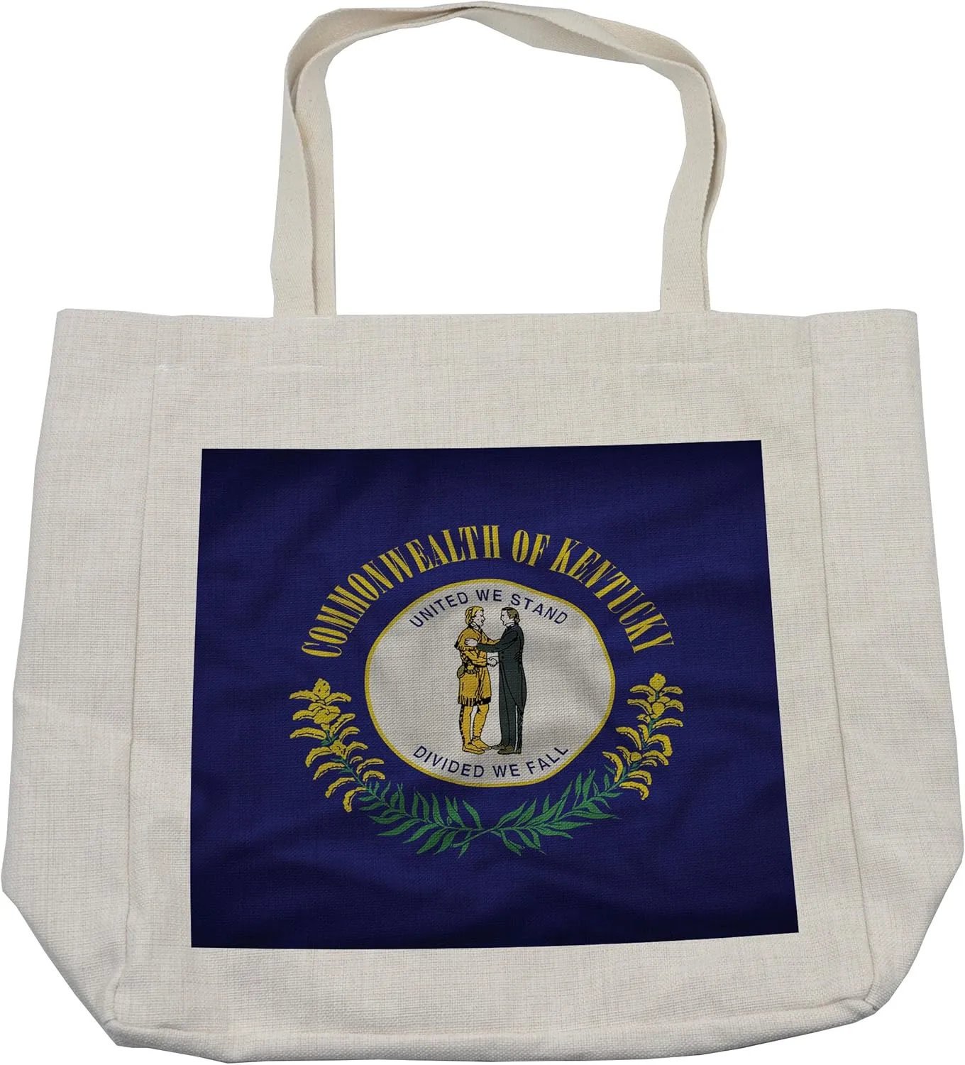 Lunarable American Shopping Bag, Kentucky Flag United We Stand; Divided We Fall Pioneer and Statesman, Eco-Friendly Reusable Bag for Groceries Beach and More, 15.5" X 14.5", Cream