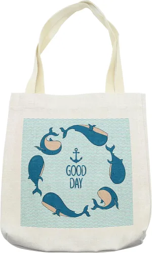 Lunarable Anchor Tote Bag, Whales Predator Animals Underwater Life Maritime Travel Swimming Seaside, Cloth Linen Reusable Bag for Shopping Books Beach and More, 16.5" X 14", Cream