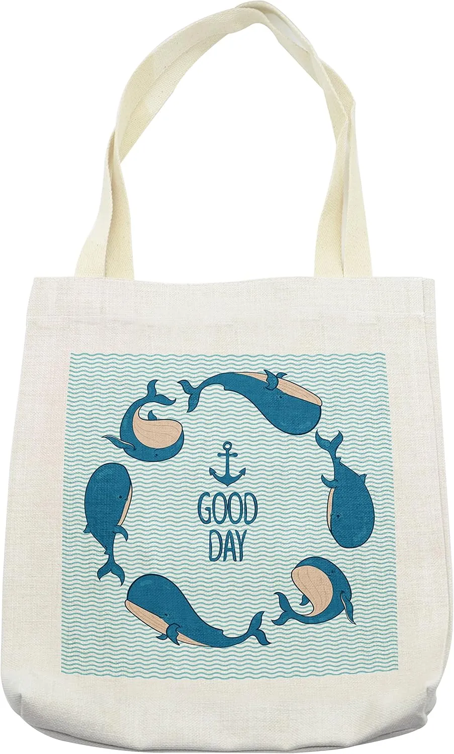 Lunarable Anchor Tote Bag, Whales Predator Animals Underwater Life Maritime Travel Swimming Seaside, Cloth Linen Reusable Bag for Shopping Books Beach and More, 16.5" X 14", Cream