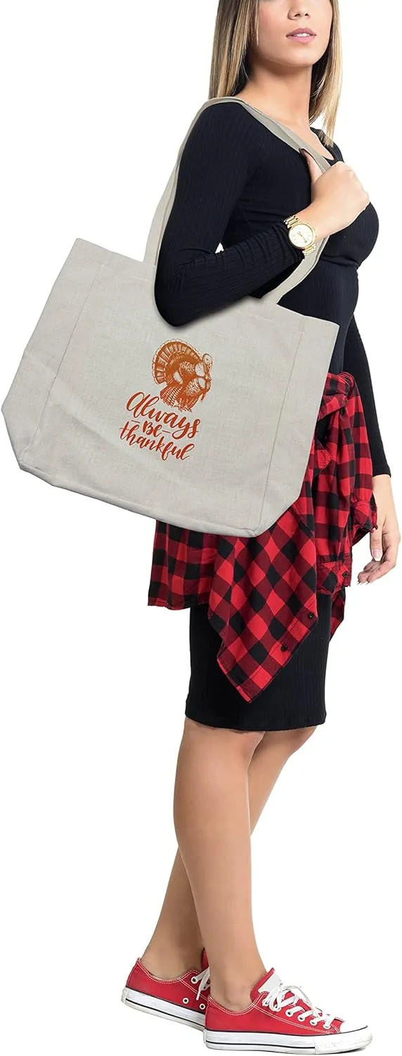 Lunarable Be Thankful Shopping Bag, Turkey for Thanksgiving Day National Harvest Celebration, Eco-Friendly Reusable Bag for Groceries Beach and More, 15.5" X 14.5", Vermilion Apricot