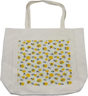 Lunarable Bees Shopping Bag, Continous Queen Animals Hardworker Flower Nectar Sketchy Dots, Eco-Friendly Reusable Bag for Groceries Beach and More, 15.5" X 14.5", Cream