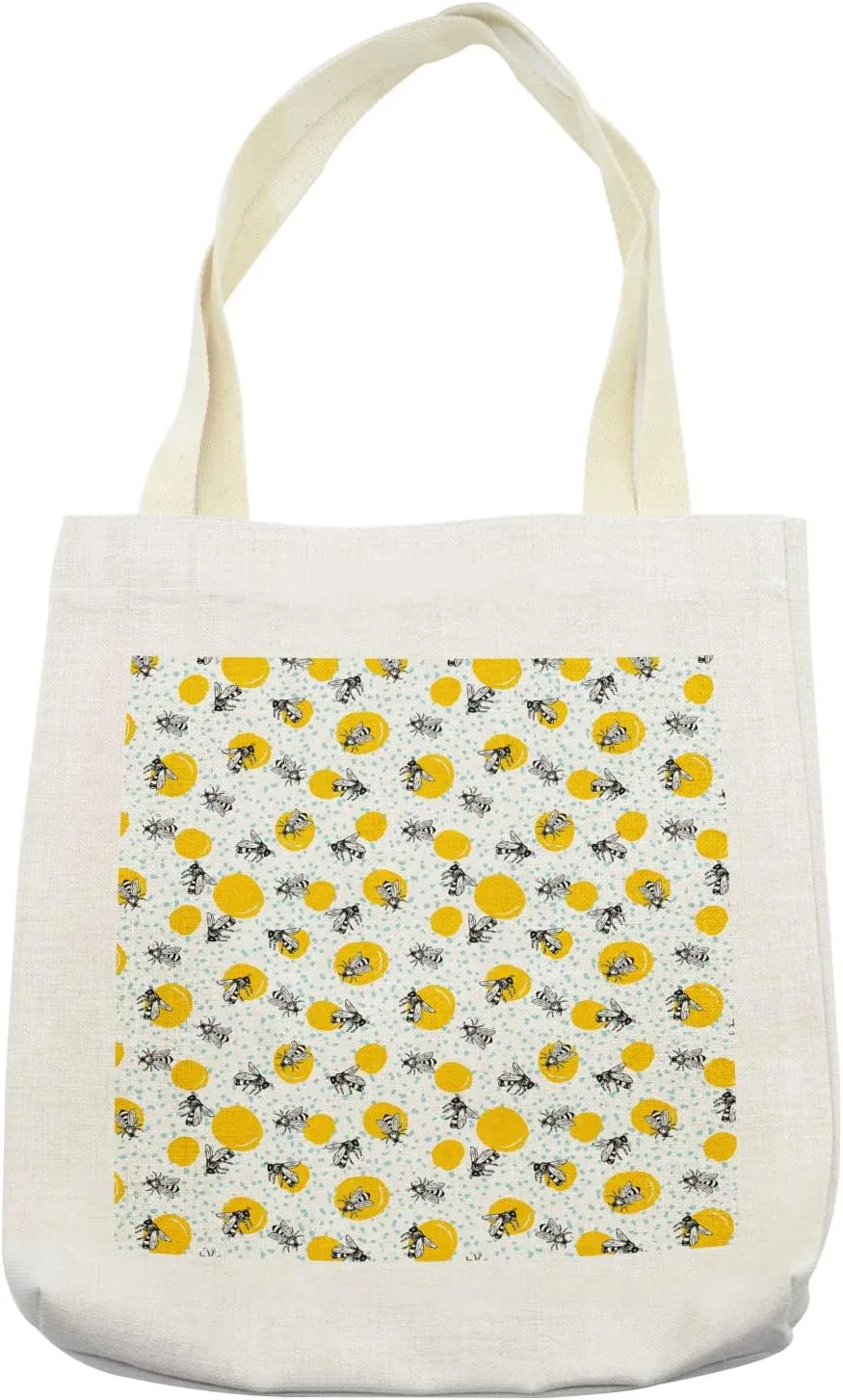 Lunarable Bees Tote Bag, Continous Queen Animals Hardworker Flower Nectar Sketchy Dots, Cloth Linen Reusable Bag for Shopping Books Beach and More, 16.5" X 14", Cream