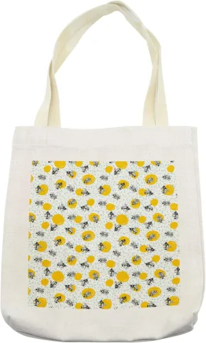 Lunarable Bees Tote Bag, Continous Queen Animals Hardworker Flower Nectar Sketchy Dots, Cloth Linen Reusable Bag for Shopping Books Beach and More, 16.5" X 14", Cream
