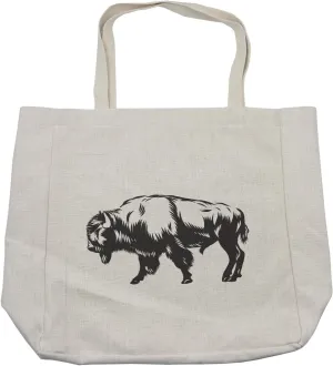 Lunarable Bison Shopping Bag, American Buffalo Anger Wilderness Grassland Mammal Danger Eager Illustration, Eco-Friendly Reusable Bag for Groceries Beach and More, 15.5" X 14.5", Cream