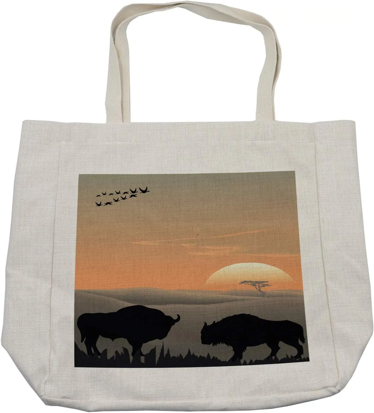Lunarable Bison Shopping Bag, Dramatic Evening Landscape of Nature with Wild Animals Before Horizon Scenery, Eco-Friendly Reusable Bag for Groceries Beach and More, 15.5" X 14.5", Cream