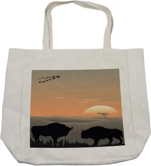 Lunarable Bison Shopping Bag, Dramatic Evening Landscape of Nature with Wild Animals Before Horizon Scenery, Eco-Friendly Reusable Bag for Groceries Beach and More, 15.5" X 14.5", Cream