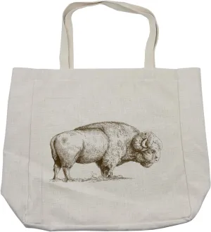Lunarable Bison Shopping Bag, Prehistoric Prehistoric Sketch of an Antique Buffalo Form Old Fashioned Pattern, Eco-Friendly Reusable Bag for Groceries Beach and More, 15.5" X 14.5", Cream
