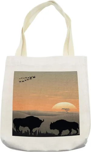 Lunarable Bison Tote Bag, Dramatic Evening Landscape of Nature with Wild Animals Before Horizon Scenery, Cloth Linen Reusable Bag for Shopping Books Beach and More, 16.5" X 14", Cream