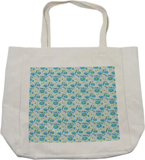 Lunarable Blue Floral Shopping Bag, Refreshing Daisy Field Pattern with Doodle Leaves and Little Blossoms, Eco-Friendly Reusable Bag for Groceries Beach and More, 15.5" X 14.5", Cream