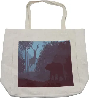 Lunarable Cabin Shopping Bag, Grizzly Bear and Antler Mysterious Woodland Smoky Jungle Fauna Landscape, Eco-Friendly Reusable Bag for Groceries Beach and More, 15.5" X 14.5", Cream