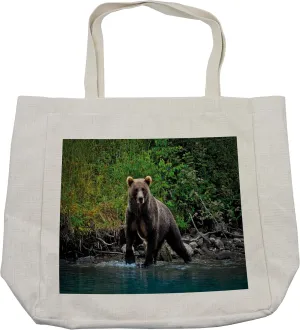 Lunarable Cabin Shopping Bag, Grizzly Brown Bear in Lake Alaska Untouched Forest Jungle Wildlife Image, Eco-Friendly Reusable Bag for Groceries Beach and More, 15.5" X 14.5", Cream