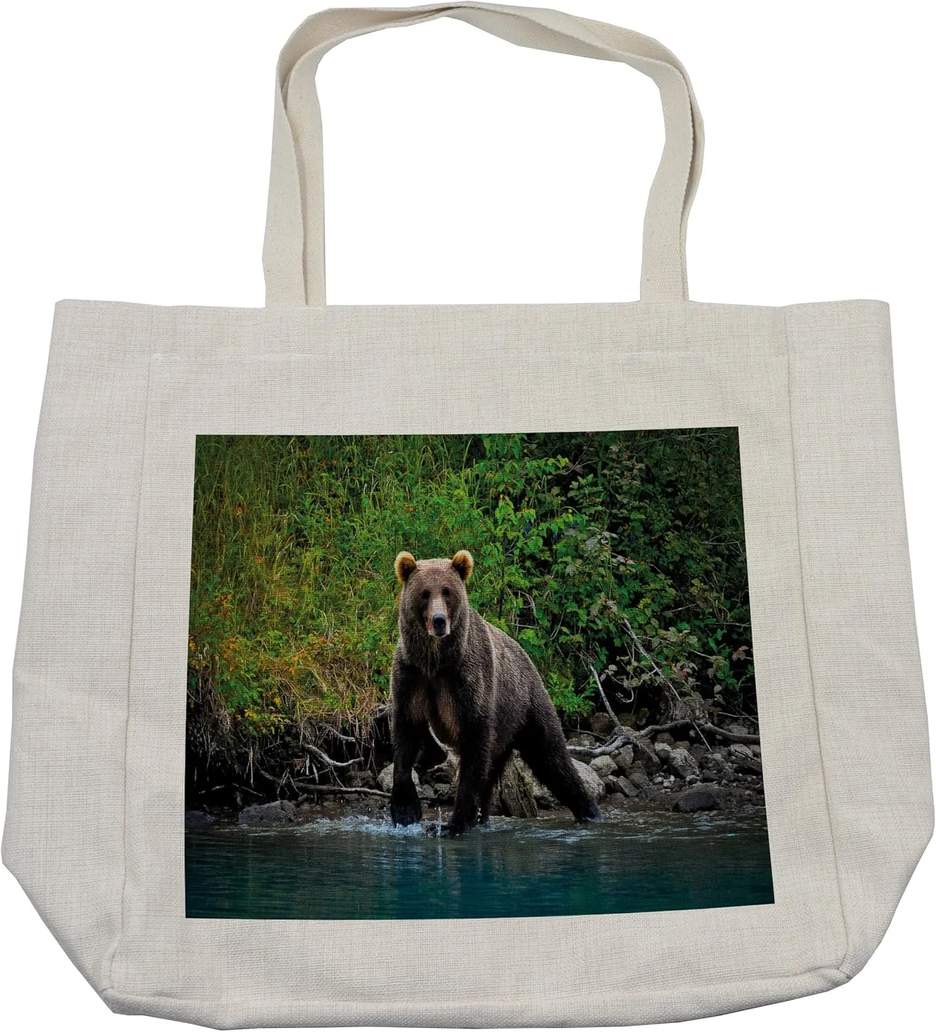 Lunarable Cabin Shopping Bag, Grizzly Brown Bear in Lake Alaska Untouched Forest Jungle Wildlife Image, Eco-Friendly Reusable Bag for Groceries Beach and More, 15.5" X 14.5", Cream