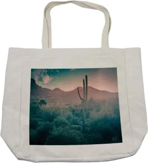 Lunarable Cactus Shopping Bag, Natural Landscape Appearance Abandoned Herbage Southwestern Weather Photography, Eco-Friendly Reusable Bag for Groceries Beach and More, 15.5" X 14.5", Cream