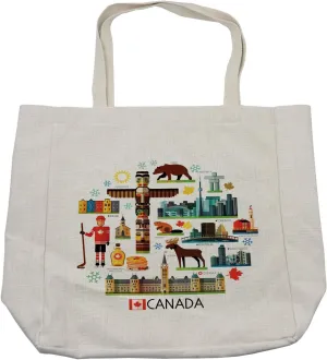 Lunarable Canada Shopping Bag, Various Canadian Famous Circle Shape Moose Totem Pole Toronto Vancouver Beaver, Eco-Friendly Reusable Bag for Groceries Beach and More, 15.5" X 14.5", Cream