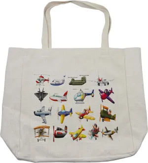 Lunarable Cartoon Shopping Bag, Digital Representation of Aero Vehicles Aircrafts Commercial Planes Pattern, Eco-Friendly Reusable Bag for Groceries Beach and More, 15.5" X 14.5", Multicolor