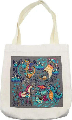 Lunarable Cartoon Tote Bag, Creature Appearances of Dinosaurs Unicorns with Details Theme Extinct Animals, Cloth Linen Reusable Bag for Shopping Books Beach and More, 16.5" X 14", Multicolor