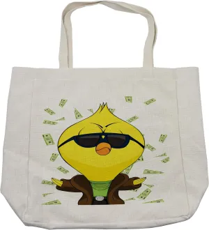 Lunarable Chicken Shopping Bag, Cartoon Chick with Trench Coat Chains Sunglasses on Hundred Dollar Bills Backdrop, Eco-Friendly Reusable Bag for Groceries Beach and More, 15.5" X 14.5", Cream