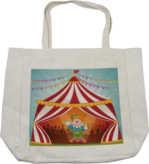 Lunarable Circus Shopping Bag, Cartoon Clown in the Circus Tent Cheerful Costume Funny Entertainer Joyful Print, Eco-Friendly Reusable Bag for Groceries Beach and More, 15.5" X 14.5", Cream
