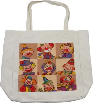 Lunarable Circus Shopping Bag, Funny Clowns Illustration Print Entertaining Childhood Joke Enjoyment Theme, Eco-Friendly Reusable Bag for Groceries Beach and More, 15.5" X 14.5", Cream