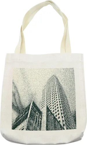 Lunarable Cityscape Tote Bag, Grunge Upward Urban Skyscraper View Digital Dot Modern Gritty Illustration, Cloth Linen Reusable Bag for Shopping Books Beach and More, 16.5" X 14", Cream