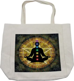 Lunarable Colorful Shopping Bag, Silhouette of Meditating Body Vital Energy Point Reflections and Pentagram, Eco-Friendly Reusable Bag for Groceries Beach and More, 15.5" X 14.5", Multicolor