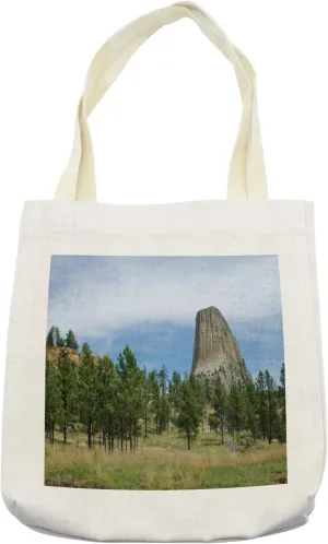 Lunarable Devils Tower Tote Bag, Geology Outdoor Nature Photography with Trees and Landmark Famous Spots, Cloth Linen Reusable Bag for Shopping Books Beach and More, 16.5" X 14", Cream