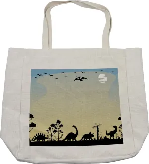 Lunarable Dinosaur Shopping Bag, Dinosaurs in Fauna Graphic Illustration Extinct Animals Sunset Prehistoric Time, Eco-Friendly Reusable Bag for Groceries Beach and More, 15.5" X 14.5", Cream