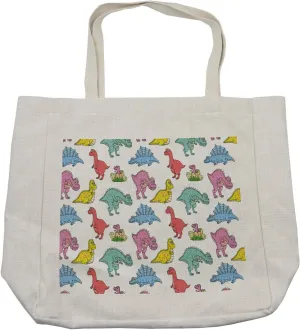 Lunarable Dinosaur Shopping Bag, Funny Colorful Cartoon Characters Dinos Sharp Teeth Extinct Prehistoric Animals, Eco-Friendly Reusable Bag for Groceries Beach and More, 15.5" X 14.5", Cream