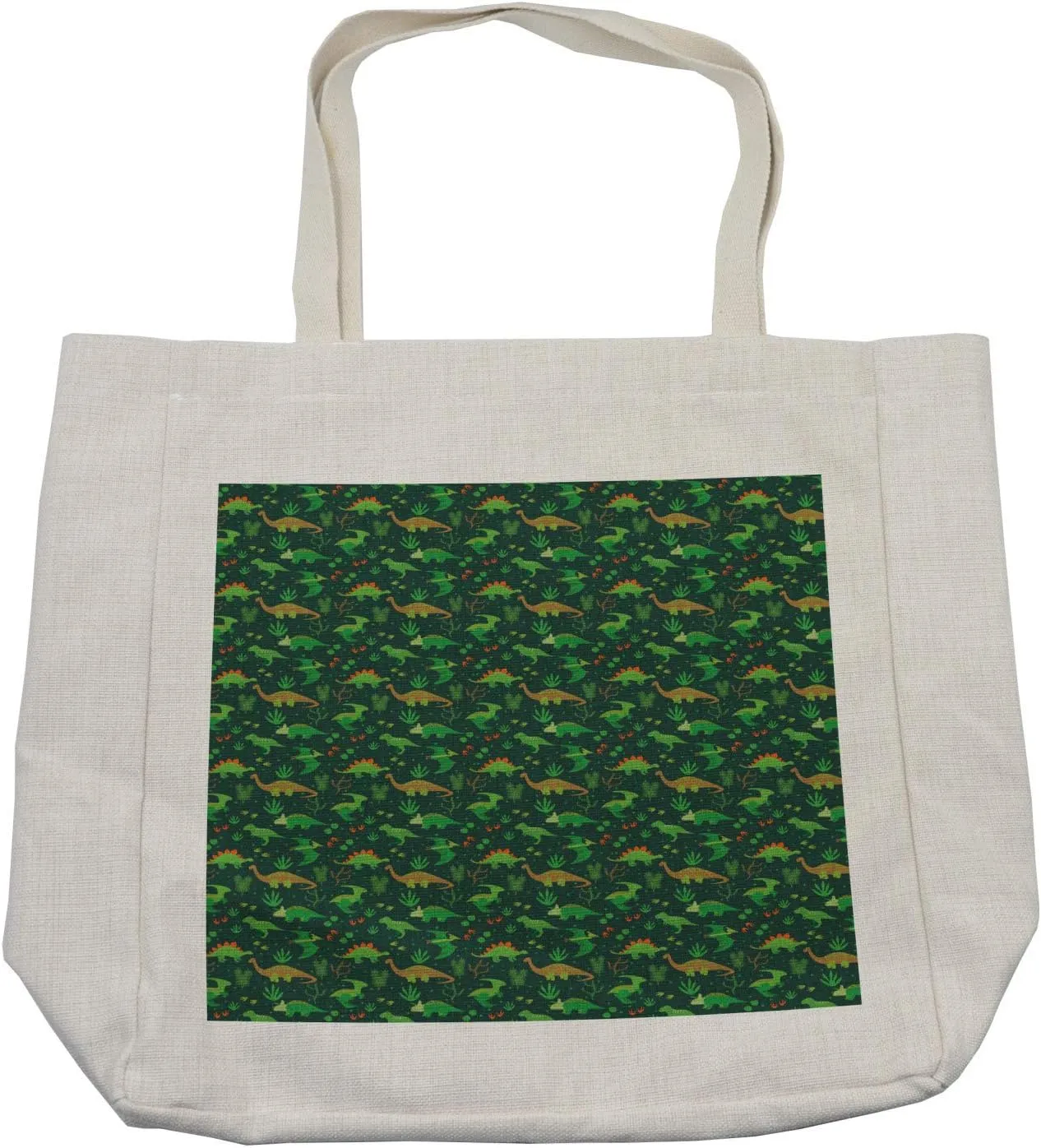 Lunarable Dinosaur Shopping Bag, Prehistoric Jungle Cartoon Pattern with Various Dino Characters Green Dots Leaves, Eco-Friendly Reusable Bag for Groceries Beach and More, 15.5" X 14.5", Cream