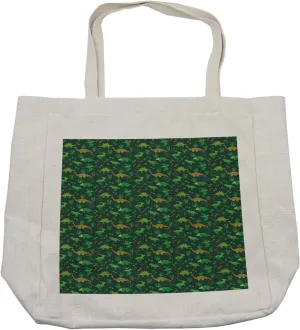Lunarable Dinosaur Shopping Bag, Prehistoric Jungle Cartoon Pattern with Various Dino Characters Green Dots Leaves, Eco-Friendly Reusable Bag for Groceries Beach and More, 15.5" X 14.5", Cream