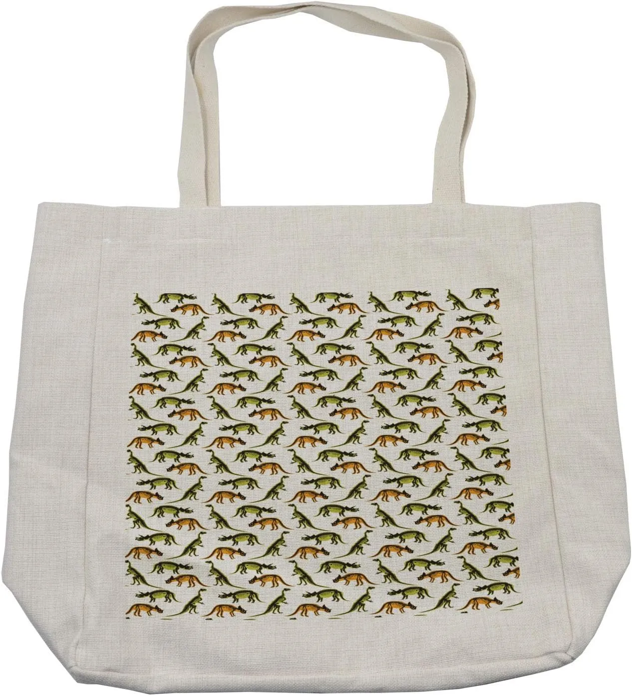 Lunarable Dinosaur Shopping Bag, Prehistoric Monsters Jurassic Period Reptiles, Eco-Friendly Reusable Bag for Groceries Beach and More, 15.5" X 14.5", Cream