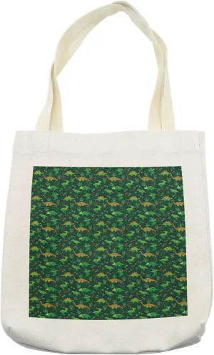 Lunarable Dinosaur Tote Bag, Prehistoric Jungle Cartoon Pattern with Various Dino Characters Green Dots Leaves, Cloth Linen Reusable Bag for Shopping Books Beach and More, 16.5" X 14", Cream