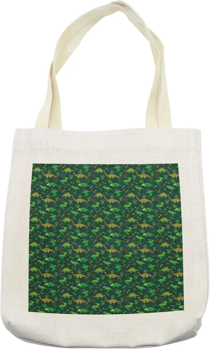 Lunarable Dinosaur Tote Bag, Prehistoric Jungle Cartoon Pattern with Various Dino Characters Green Dots Leaves, Cloth Linen Reusable Bag for Shopping Books Beach and More, 16.5" X 14", Cream