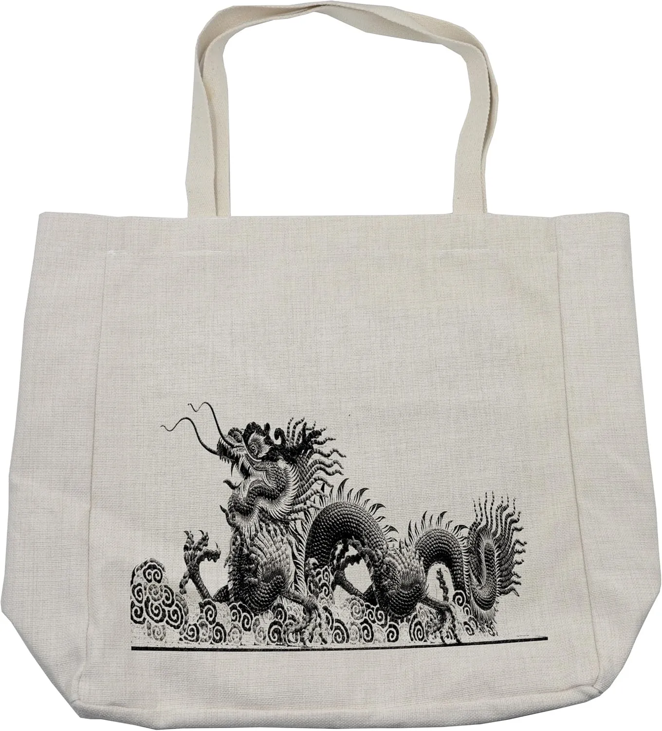 Lunarable Dragon Shopping Bag, Traditional Chinese Dragon Symbolize Strength and Luck Powers Fantasy Graphic, Eco-Friendly Reusable Bag for Groceries Beach and More, 15.5" X 14.5", Cream