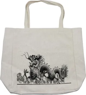 Lunarable Dragon Shopping Bag, Traditional Chinese Dragon Symbolize Strength and Luck Powers Fantasy Graphic, Eco-Friendly Reusable Bag for Groceries Beach and More, 15.5" X 14.5", Cream
