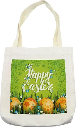 Lunarable Easter Tote Bag, Cultural Calligraphy with Flowers Petals and Eggs Nature Love Art Image, Cloth Linen Reusable Bag for Shopping Books Beach and More, 16.5" X 14", Cream