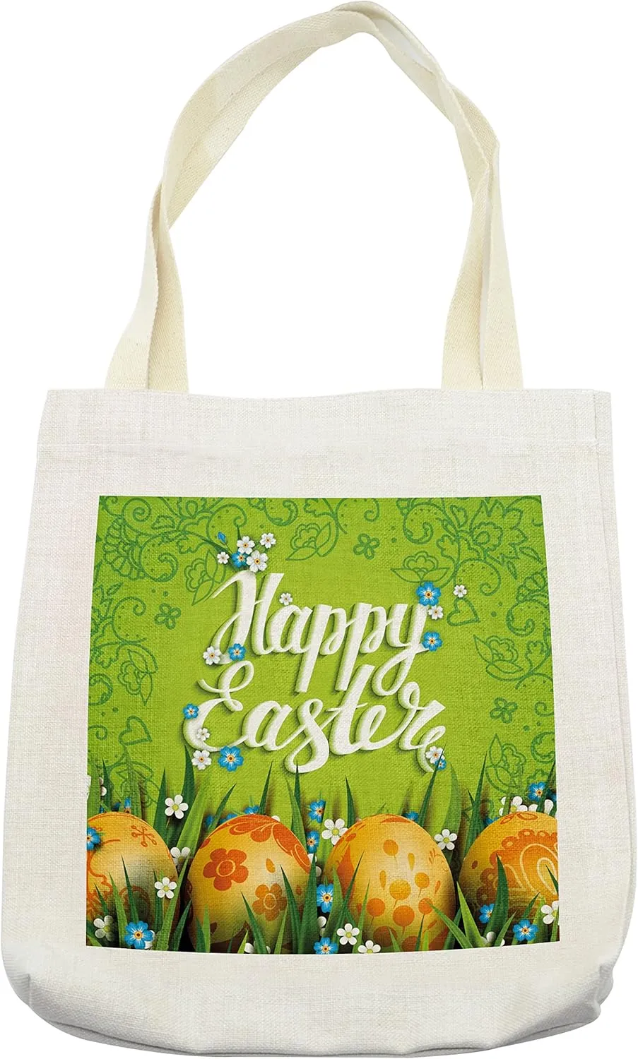 Lunarable Easter Tote Bag, Cultural Calligraphy with Flowers Petals and Eggs Nature Love Art Image, Cloth Linen Reusable Bag for Shopping Books Beach and More, 16.5" X 14", Cream