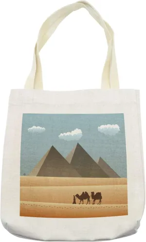Lunarable Egyptian Print Tote Bag, Sahara Desert with Camels Leaving Foots with Silhouette Pyramids Print, Cloth Linen Reusable Bag for Shopping Books Beach and More, 16.5" X 14", Cream