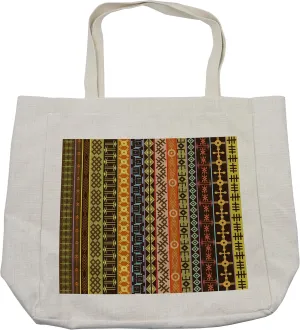 Lunarable Ethnic Shopping Bag, Prehistoric Pattern Effects Geometric Lines Folk Culture Design Print, Eco-Friendly Reusable Bag for Groceries Beach and More, 15.5" X 14.5", Cream
