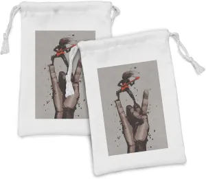 Lunarable Fantasy Fabric Pouch Set of 2, Musician Bass Guitarist with Rock N Roll Gesture Sign Image Grunge Genre, Small Drawstring Bag for Toiletries Masks and Favors, 9" x 6", Coral Maroon Taupe