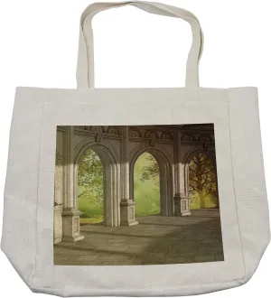 Lunarable Fantasy Shopping Bag, Fantasy Landscape with Forest Outside Corridor Spring Garden Illustration, Eco-Friendly Reusable Bag for Groceries Beach and More, 15.5" X 14.5", Green Beige