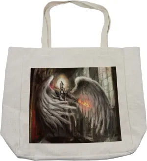 Lunarable Fantasy World Shopping Bag, Spooky Angel in Building Eternal Clash Between Bad Image, Eco-Friendly Reusable Bag for Groceries Beach and More, 15.5" X 14.5", Cream