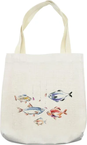 Lunarable Fishing Tote Bag, Retro Fishing Love Theme with Goldfish Herring Bream Bass Salmon Image, Cloth Linen Reusable Bag for Shopping Books Beach and More, 16.5" X 14", Cream