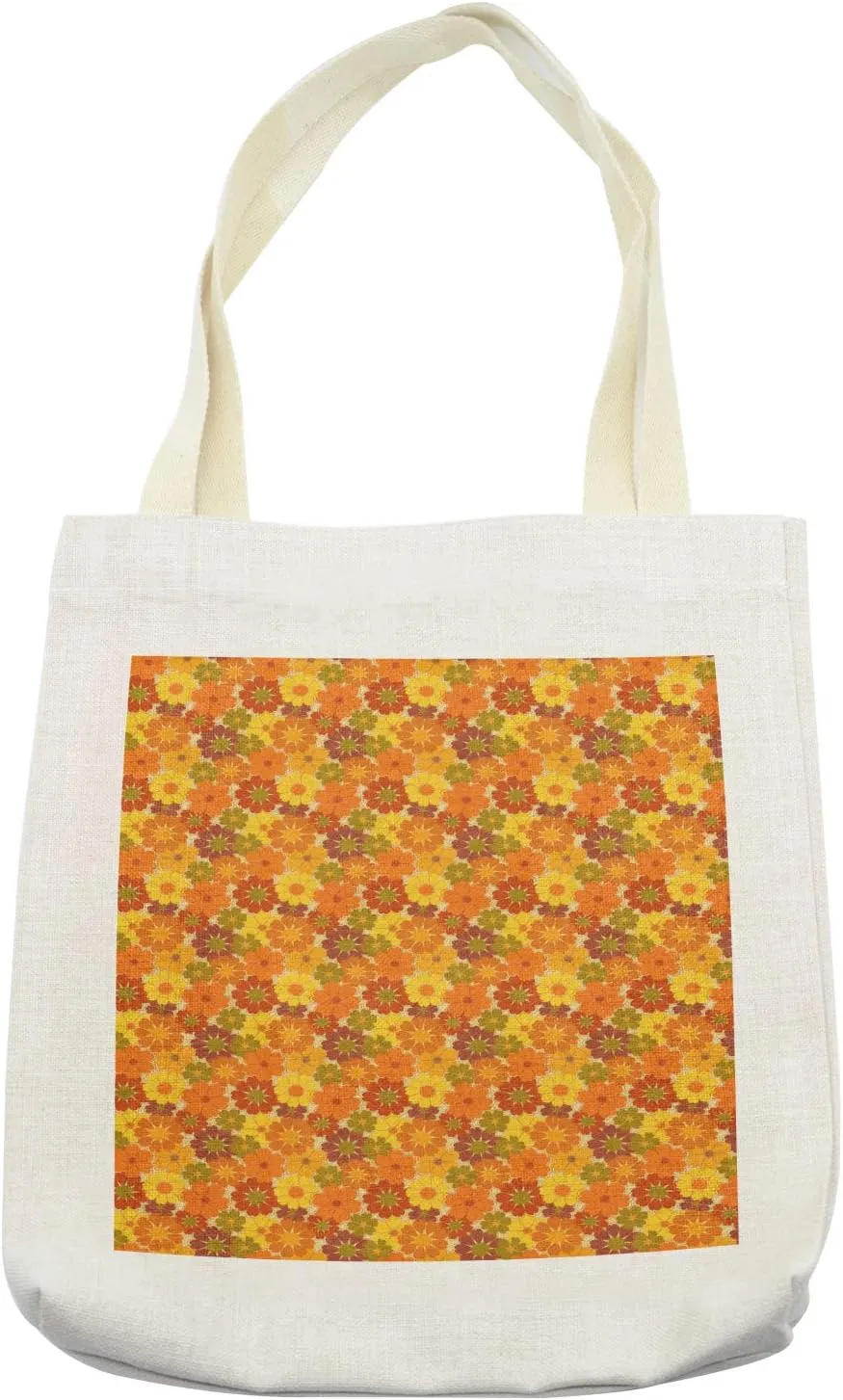 Lunarable Floral Tote Bag, Orange Tonal Bloomed Summer Flowers with Heart Shape Multi Petals Fine-line Art, Cloth Linen Reusable Bag for Shopping Books Beach and More, 16.5" X 14", Cream