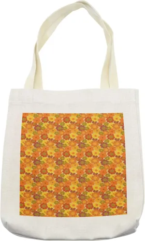 Lunarable Floral Tote Bag, Orange Tonal Bloomed Summer Flowers with Heart Shape Multi Petals Fine-line Art, Cloth Linen Reusable Bag for Shopping Books Beach and More, 16.5" X 14", Cream