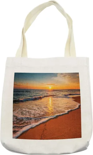 Lunarable Florida Beach Tote Bag, Dramatic Sunrise Shot with Waves Hitting Seashore, Cloth Linen Reusable Bag for Shopping Books Beach and More, 16.5" X 14", Cream