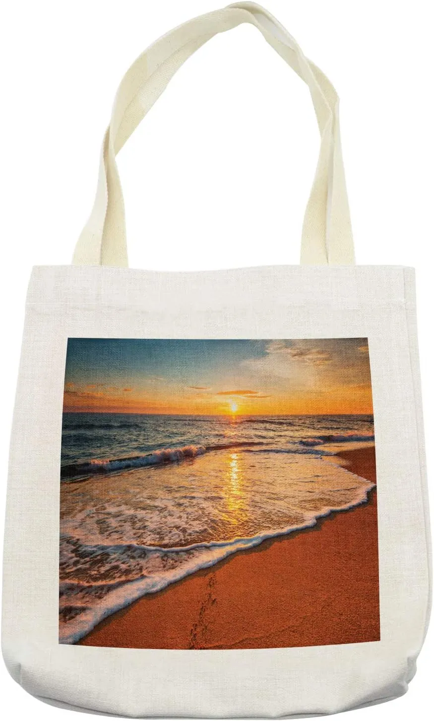 Lunarable Florida Beach Tote Bag, Dramatic Sunrise Shot with Waves Hitting Seashore, Cloth Linen Reusable Bag for Shopping Books Beach and More, 16.5" X 14", Cream