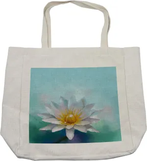 Lunarable Flower Shopping Bag, Detailed Impressionist Close up Drawing Lotus Like Daisies ling Herb Image Print, Eco-Friendly Reusable Bag for Groceries Beach and More, 15.5" X 14.5", White Blue