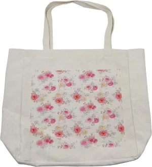 Lunarable Flower Shopping Bag, Minimal Romantic Pastel Roses Breath and Leaves Watercolor Flower Pattern, Eco-Friendly Reusable Bag for Groceries Beach and More, 15.5" X 14.5", White Pink