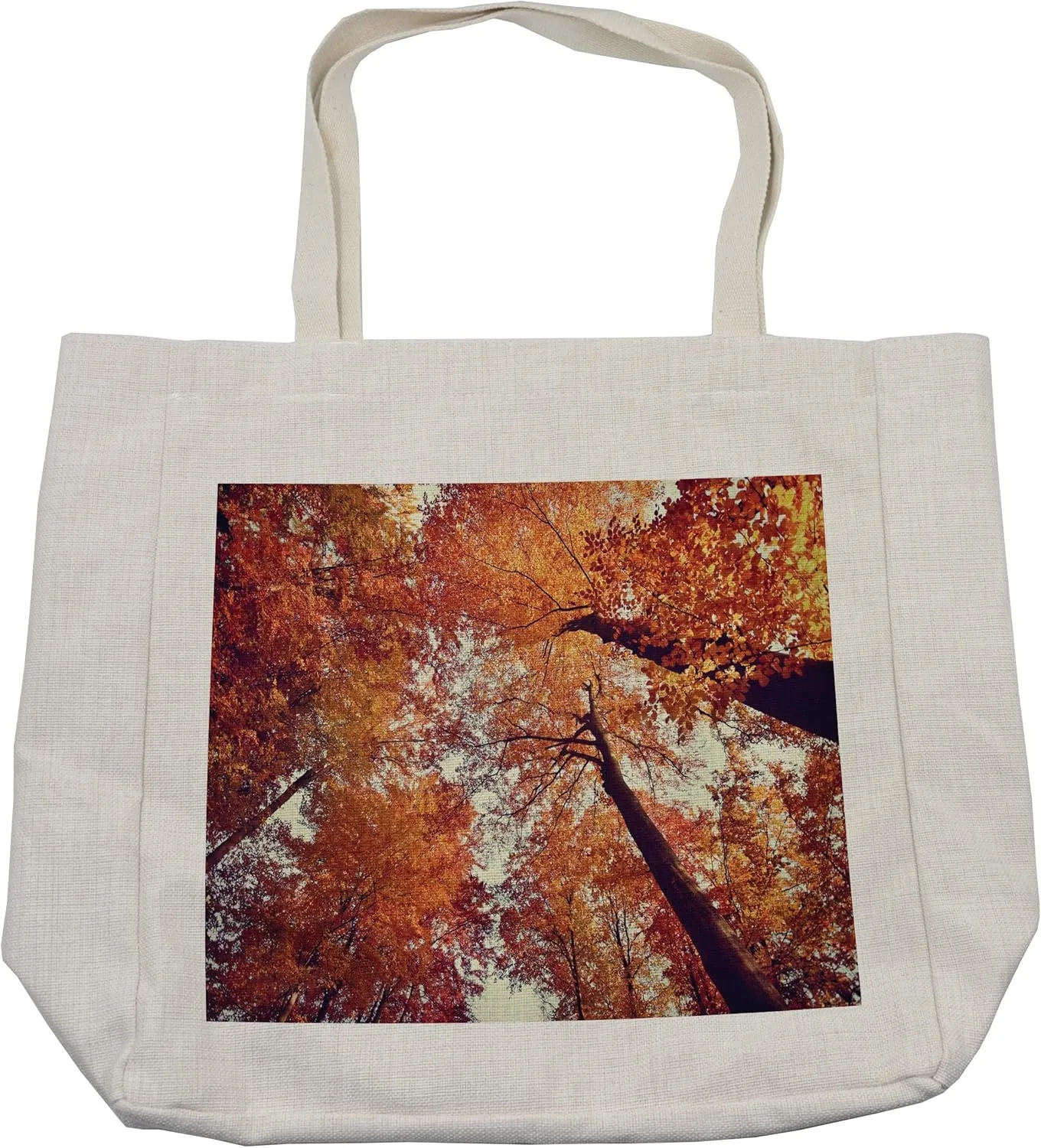 Lunarable Forest Shopping Bag, Forest with Deciduous Trees Shedding Leaf Shady Toned Flora Scenery Photo Art, Eco-Friendly Reusable Bag for Groceries Beach and More, 15.5" X 14.5", Cream